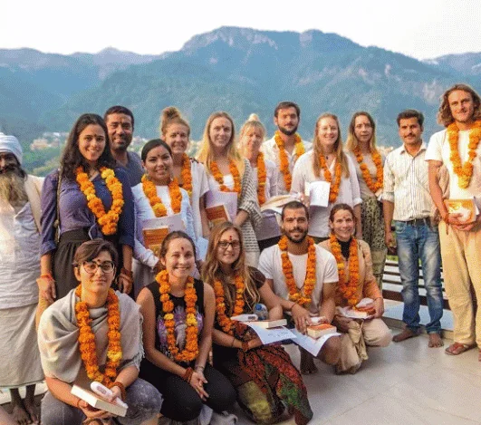 Students and teachers at Avatar Yoga School in Rishikesh