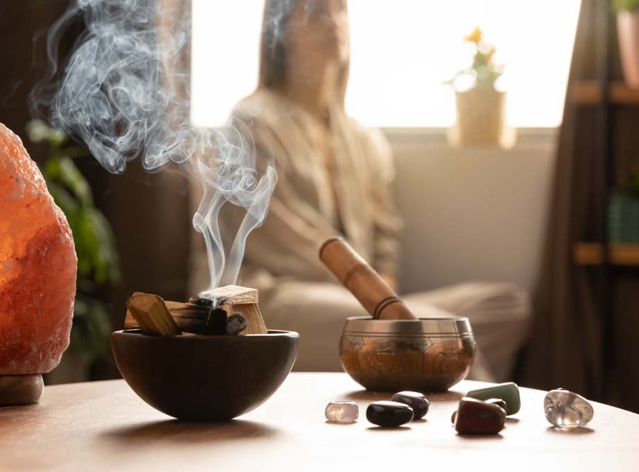 Sound healing hall with bowls and gongs at Avatar Yoga School