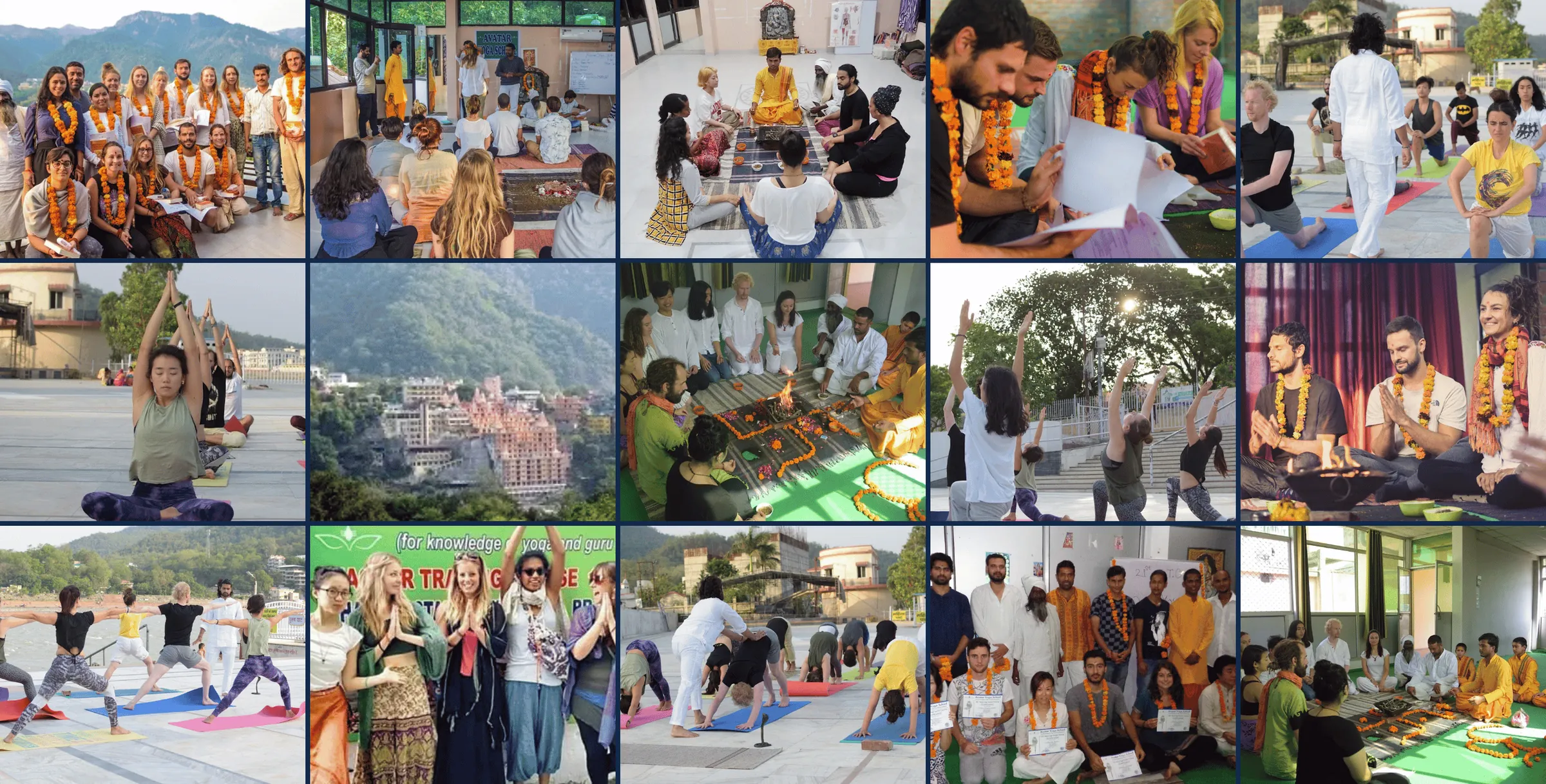 Students practising yoga and attending classes at Avatar Yoga School in Rishikesh